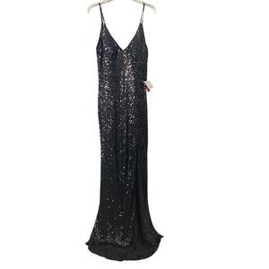 NWT Mac Duggal Black Sequin V‎ Neck Maxi Dress Gown Formal Side Slit Size 8